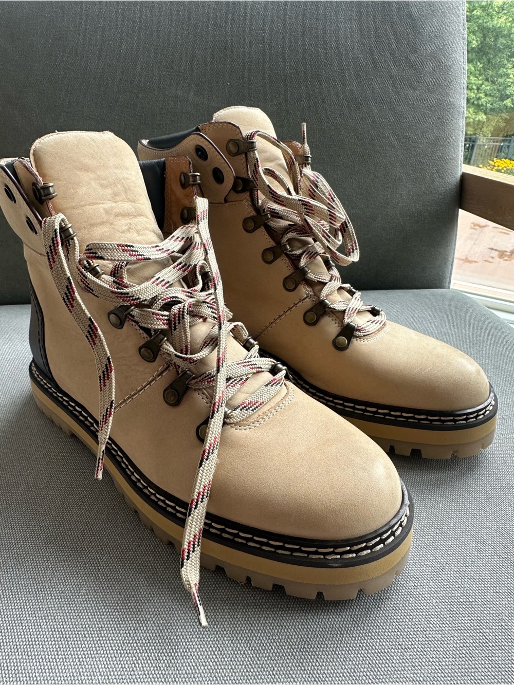 See By Chloe Beige Lace-Up Platform Hiking Boots